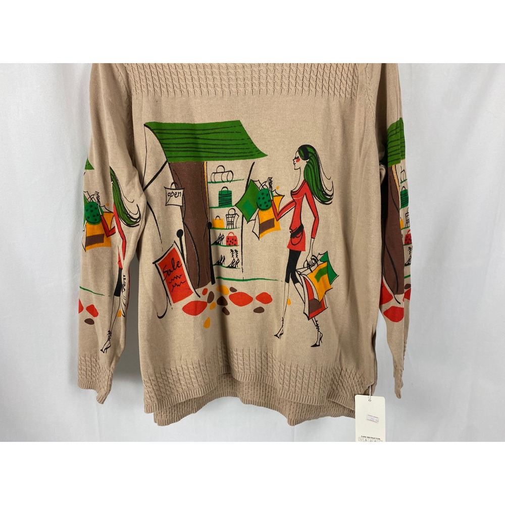 Womens Beige Shopping Scene Graphic Knit Sweater Long Sleeve Crew Neck - Picture 5 of 15